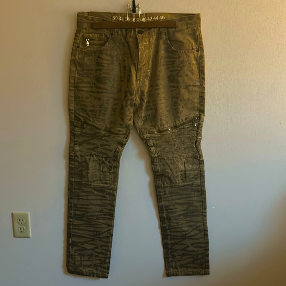 Denim House Heavy Tan/Gold Denim 3 Deco Zippers Skinny Jeans.Size 34